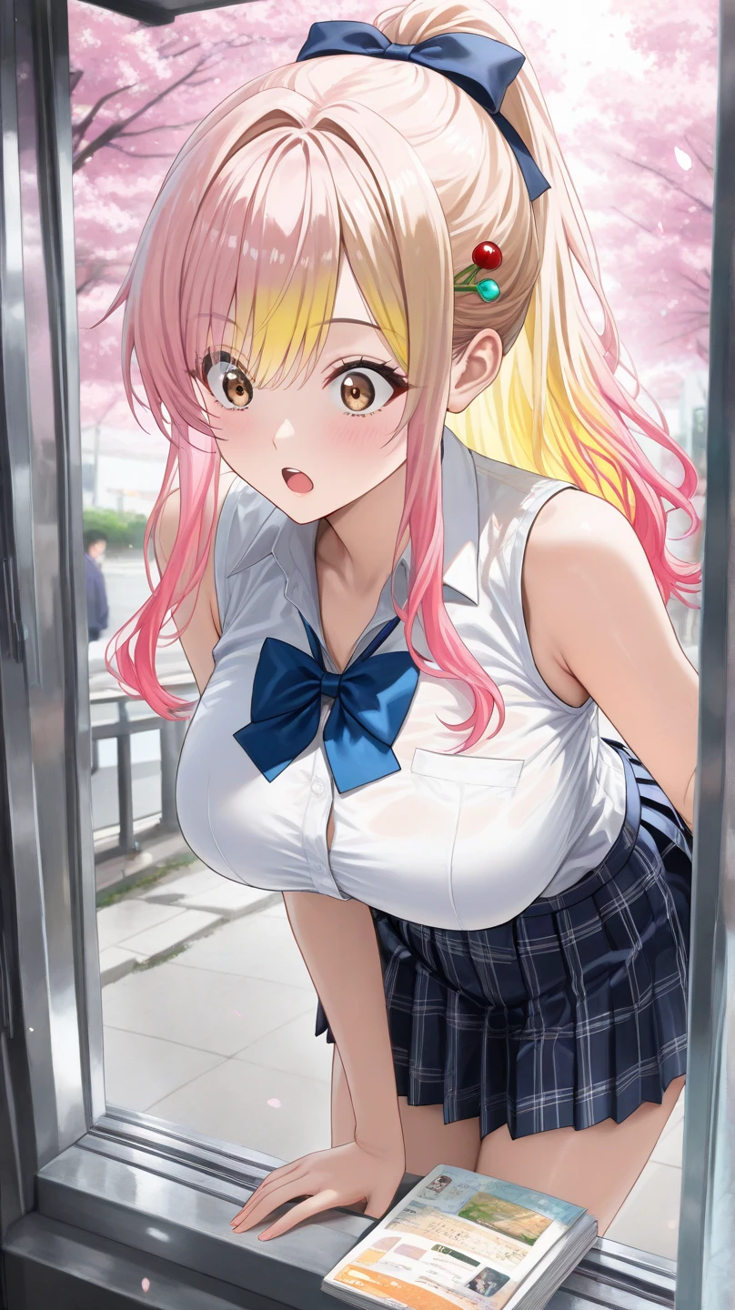 masterpiece, absurdres, best quality, ultra detailed, high Resolution, detailed illustration, bright colour, (extremely beautiful detailed face and eyes, Delicate beautiful face, 1 girl, 18yo, cute face:1.3), (magenta eyes:1.1), sparkling eyes, big eyes, (medium breasts:1.3), (perky breasts:1.1), (pointy breasts:1.1), medium hips, glamorous body, white skin, BREAK, (blonde hair:0.8), messy hair, detailed hair, shiny hair, BREAK (school uniform, down blouse:1.3), perfect lighting, (ecstasy, vulgarity:1.5), (happy:1.3), (Love juice:1.3), (Super Thick Dildo in Pussy:1.3), train, standing, (Bow-legged), From directly below,