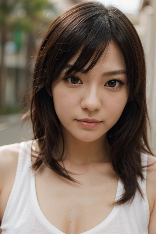 Open shirt, (((Leaning forward))), ((,Round face, Around ,mini skirt、loose tank top)), Long Hair, , Natural Makeup, Lips become thicker, Sexy Gaze, barefoot, ((Raise one leg)), Shooting from below,Gentle expression ,((Extremely precise and accurate anatomy)), (masterpiece:1.43), Perfect proportions, Realistic photos, Full Shot, whole body, (height: 165cm),