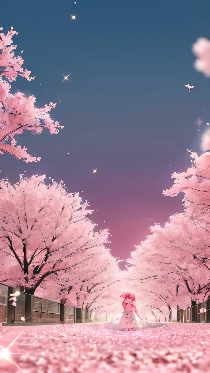 1girl, happy, short pink hair, looking at viewer:1.3, eyes is gazng to viewer:1.2, cherry blossom, furisode, like a soft white chiffon dress, embroidered dress, embroidery inspired by cherry blossoms:1.3, a captivating gentle smile, eyes shimmering with a mysterious sense of happiness, one hand reaching out to touch the petals, The cherry trees are in full bloom, petals dance in the wind creating an enchanting scene, ((glowing,pink theme, light,outline, sparkle, gradient, gradient background, shiny, magic, pink theme)), (extremely detailed, high resolution, absurdres,4K)