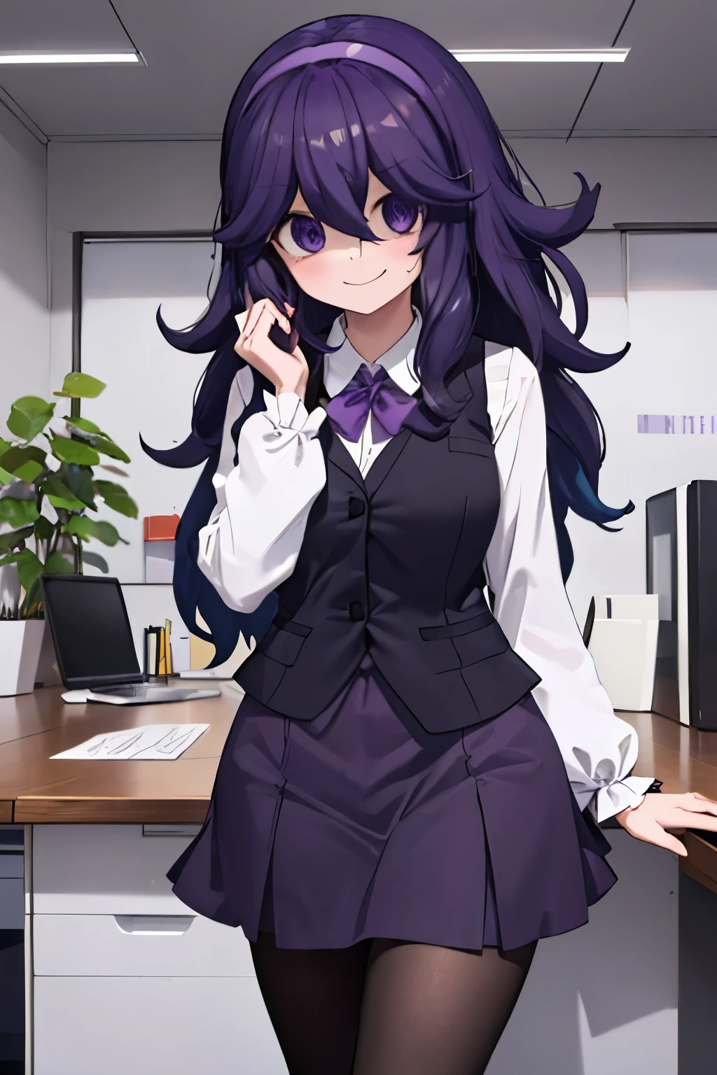 masterpiece, best quality, ultra-detailed, high-resolution, super high res, 8k, 4K, cute girl, (detailed eyes:1.2), Occultist Mania,(hex maniac:1.5), hairband , messy hair, (purple eyes:1.1), purple hair, purple hairband , @ @,medium breasts, ((office lady,(purple vest,black skirt, long sleeve, pantyhose, ),)), 1 girl,(viewers:1.0), ( office background:1.0),Dressed,smile, standing