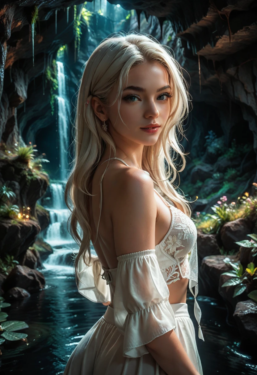 a European woman, ((flowing long blonde hair)), enchanted cliffside, (cleavage), (big curvy breasts), clothes blowing off, natural skin, 24mm, 4k, soft cinematic light, RAW photo, photorealism, photorealistic, intricate, elegant, highly detailed, sharp focus, ((((cinematic look)))), soothing tones, insane details, intricate details, hyperdetailed, low contrast, soft cinematic light, dim colors, exposure blend, hdr, faded
