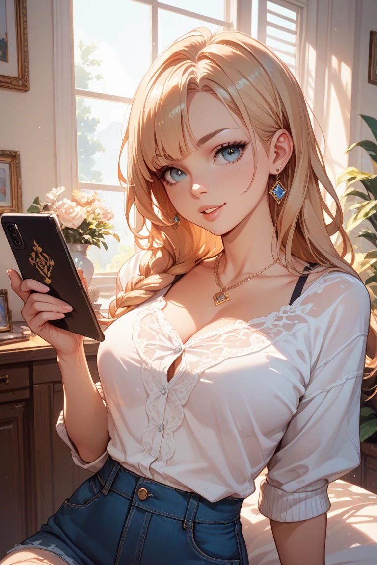 1girl,big breast, blonde hair, blue eyes,high quality, ultra detailed, masterpiece, realistic, clothes