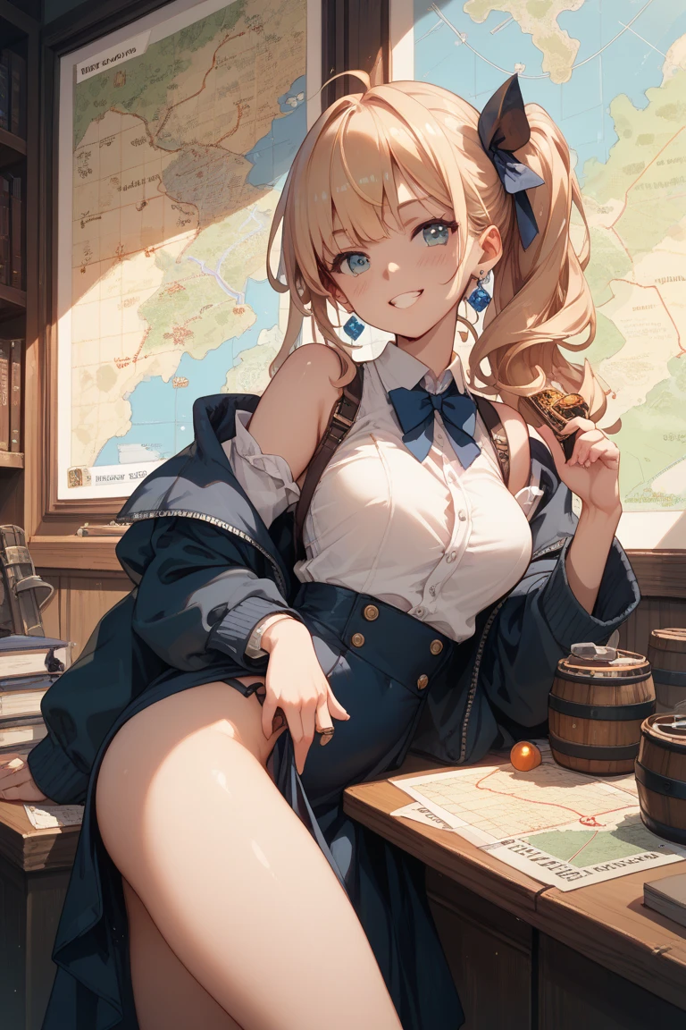 masterpiece, highest quality, Very detailed, 16k, Ultra-high resolution, Cowboy Shot, 12 year old girl, Detailed face, Perfect Fingers, Golden Eyes, blonde, Braiding, A vest with lots of pockets, White panties, Explorer knife, Safari Hat, azimuth magnetic needle, telescope, map, A room with lots of cluttered items, Lie on your back