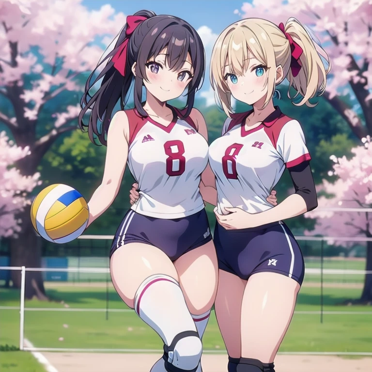A group of girls, (), various hair styles, harem, wearing volleyball uniforms, beautiful thighs, sleeveless, sweaty