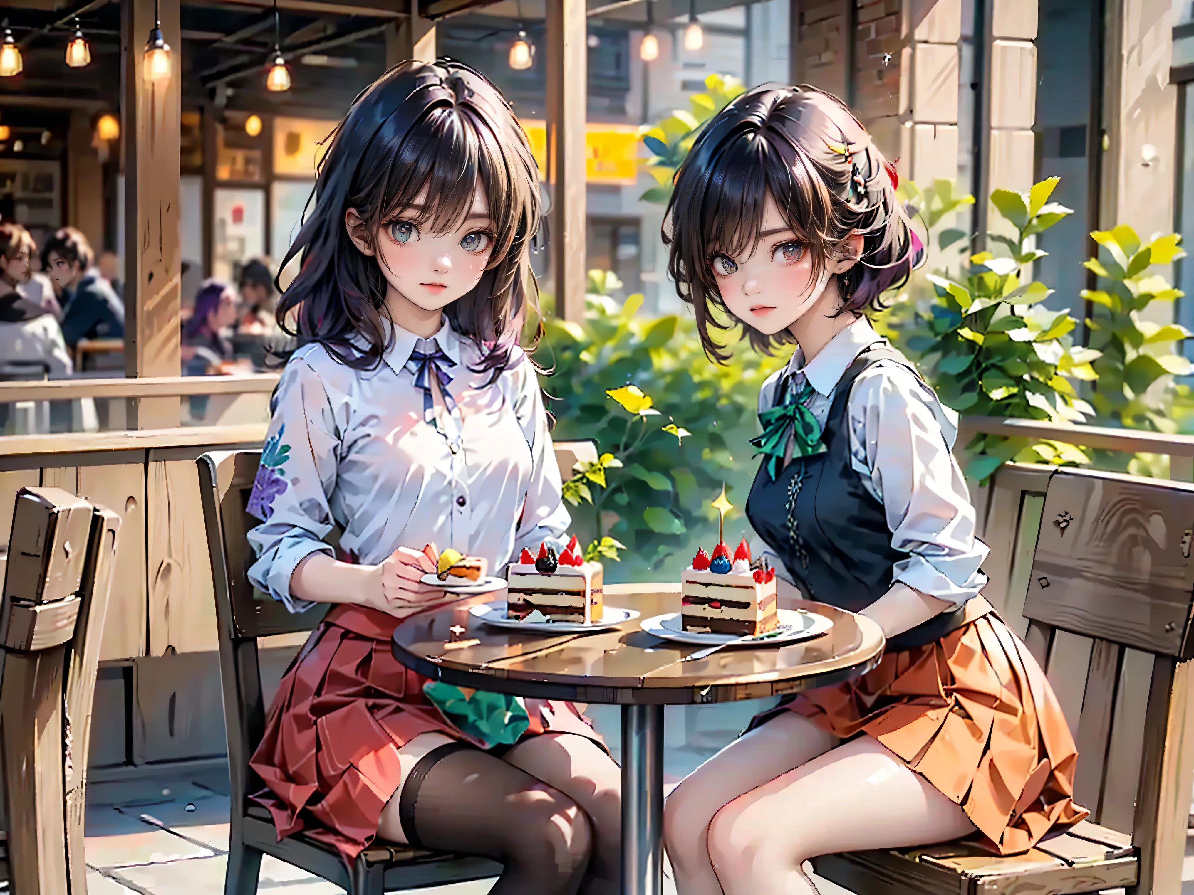Best quality, 8K, Best quality, Masterpiece, ((Two schoolgirls with odd eyes)), ((Heterochromia, red eyes, green eyes)), ((Sparkling, small crimson eyes)), (Very small eyes)), (Long platinum and purple hair), Princess cut, ((Translucent, sparkling white skin)), Sparkling skin, Very white skin ((Very small breasts)), (Anatomically accurate), ((Detailed depiction down to the tips of the fingers)), ((Wearing a silk blouse with floral embroidery)), ((Orange flared skirt)), ((Sitting at a table in a cafe restaurant eating cake)), ((Cake on a plate on the table)), ((Deftly eating cake by stabbing it with a fork)), ((Knee-length stockings)), ((Detailed depiction of the cake)), Smiling, Very beautiful.