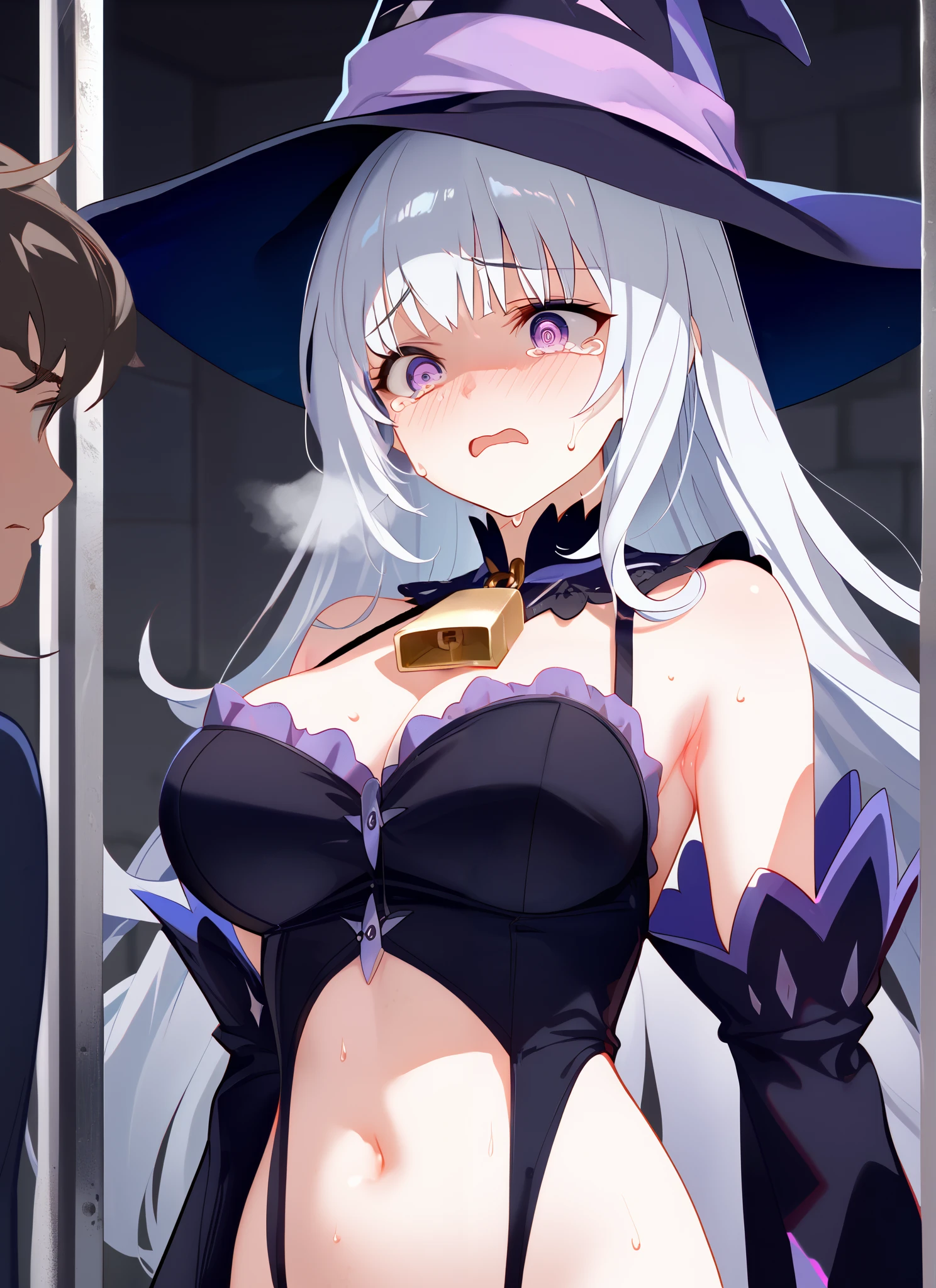 Silver Hair, shiny hair without sleeves, split bangs, big breasts, purple eyes, open your mouth slightly,crying, sling, crying with open eyes, despair, simple background, look up, high resolution, high resolution, masterpiece, masterpiece, accurate, accurate, anatomically correct, anatomically correct, 最high quality DVD, 最high quality DVD, high detail, high detail, high image quality model, high image quality model, high quality DVD, high quality DVD, very detailed, very detailed, Ultra Fine, Ultra Fine, Ultra Fine, textured skin, textured skin, textured skin, , anime風, anime風, anime, anime, illustration, illustration, illustration, Witch Hat, very long hair with water on it, blush, blush, handcuffs,sweat,Armpit,Jail,Siege,multiple guys,white skin, navel,older sister,snot,rough breathing, Anxious, pale , sheds tears, Sad face, Gloomy face, eyes, despair, despair, despair, Lock,iron lattice, woman