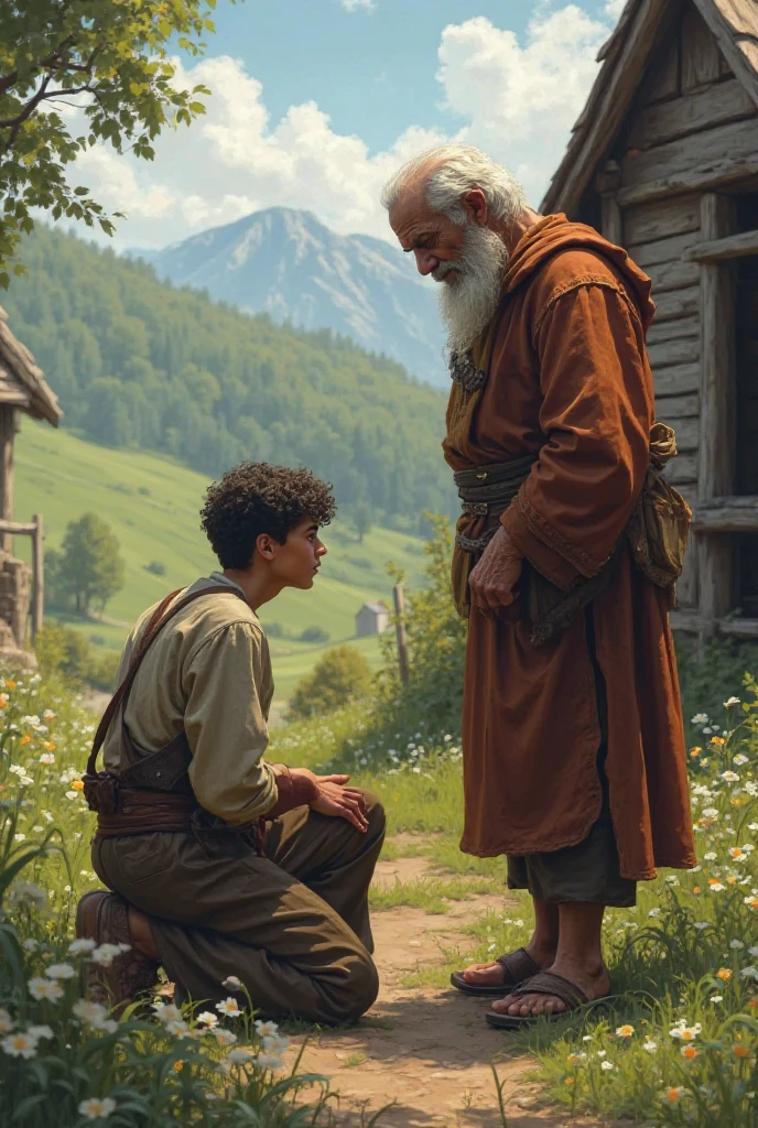 ancient scenery, on the edge of a small village, with mud houses and lush vegetation all around. Abraham, an elderly man with a determined expression on his face, is busy preparing luggage. He fills leather bags with essential supplies - breads, fruits and water bottles. Next to him, Sara, sua esposa, is finalizing the details, adjusting his robe as he smiles fondly at Abraham. Both are dressed in traditional clothes, e o sol poente cria um brilho suave sobre eles, symbolizing the journey that is about to begin. Ultra HD image in 3d drawing form for child.