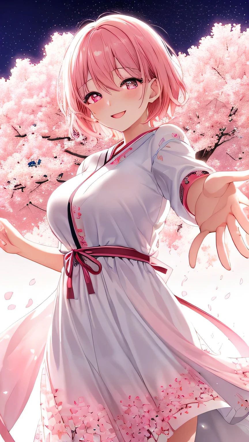 1 dreamlike woman, short pink hair, looking at viewer:1.3, eyes is gazng to viewer:1.2, cherry blossom, furisode, like a soft white chiffon dress, embroidered dress, embroidery inspired by cherry blossoms:1.3, a captivating gentle smile, eyes shimmering with a mysterious sense of happiness, one hand reaching out to touch the petals, The cherry trees are in full bloom, petals dance in the wind creating an enchanting scene, ((glowing,pink theme, light,outline, sparkle, gradient, gradient background, shiny, magic, pink theme)), (extremely detailed, high resolution, absurdres,4K)