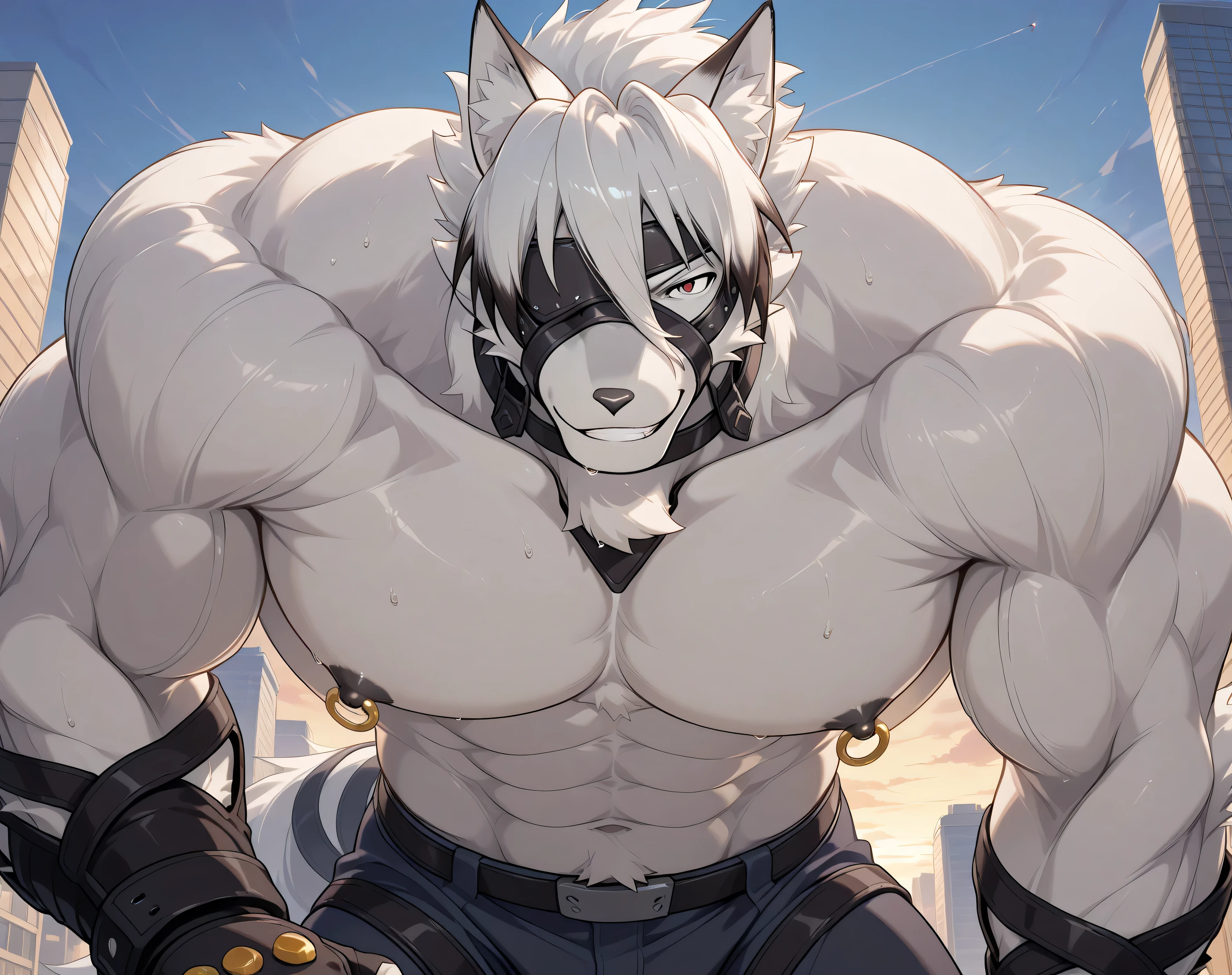 detailed background, low view, city, close up, solo BREAK score_9_up,score_8_up,score_7_up,score_6_up,score_5_up,score_4_up BREAK kemono, bara, furry, 1boy, Lycaon, white fur, white hair, animal ears, tail, eye patch, red eyes, male, huge muscular, male, very broad chest, broad shoulders, macro, posing, bedroom eyes, sweaty, serious, grin, looking at viewer, topless, gloves, huge black nipples, huge gold nipple rings