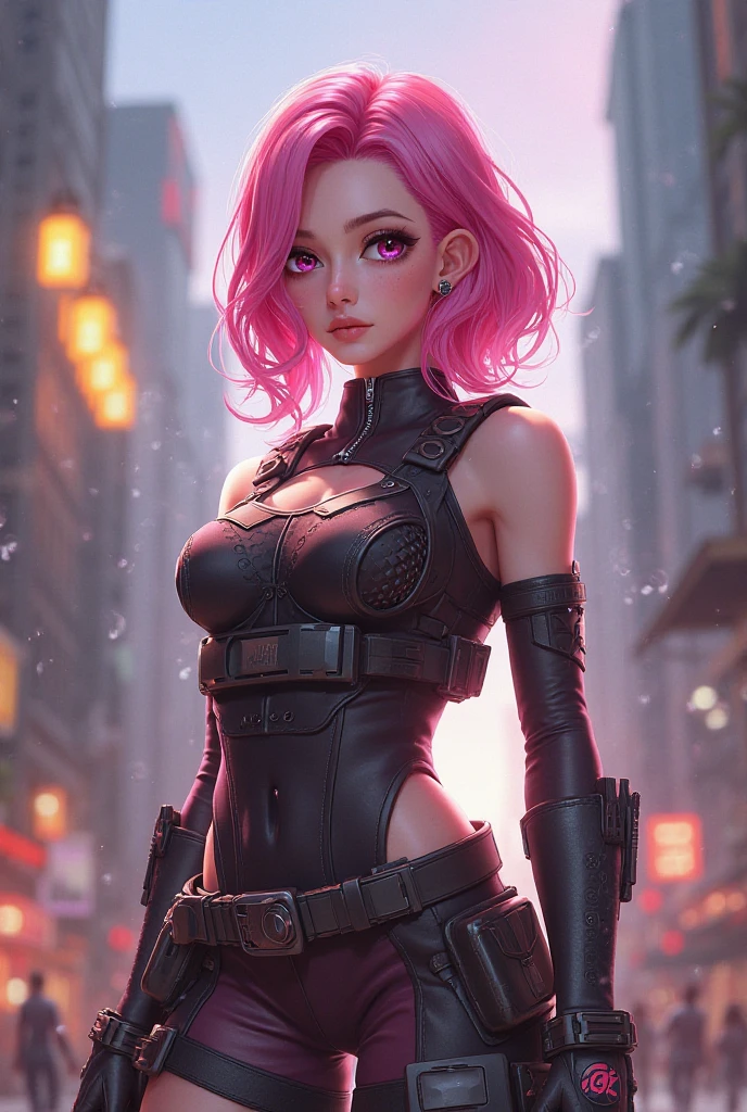 agente secreto feminino, (braceletes de metal), roupa azul colada, (big muscles), bombada, cabelo rosa_raspado_esquerda, cyberpunk, corpo inteiro, (((pistols in hand))), coldres nas pernas, linhas vermelhas em detalhes do traje, boca vermelha olhos azuis. bg of buildings, pose sexy.