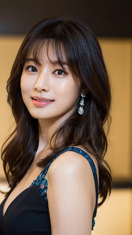 (Best quality, 8K, masterpiece:1.3)) , (one person: 1.4), 1girl, a Korean woman, a goddess, 25 years old, portrait photography, high contrast, God perspective, aperture F1.2, focal length 24mm, ( Full body: 1.2), smile, pose for photos, fine lace, slip dress, simple cut dress, brand dress, simple cut, long black hair, hair tied up, super detailed skin details, detailed fabric texture