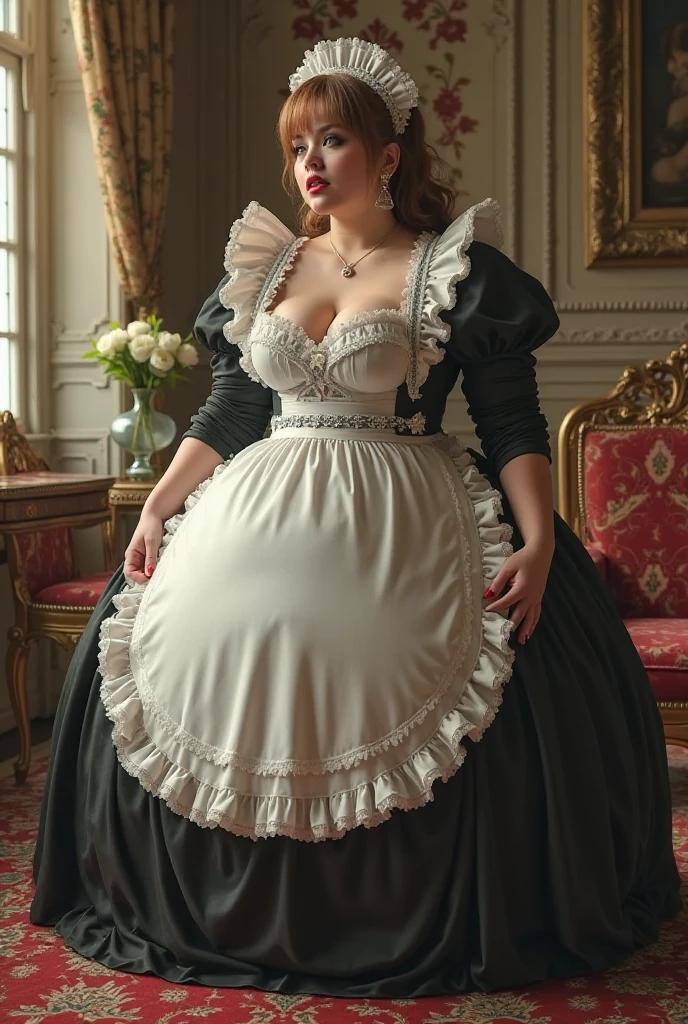 (((highest quality, Tabletop, 超A high resolution、The most complex and detailed depiction、Award-winning, 8k、Bright and vivid、RAW quality)))、(1. Beautiful maid、(Gorgeous Victorian Maid Dress、A gorgeous long-skirted black and white maid outfit、Huge white and black maid outfit、Black and white maid outfit、Black and white maid outfit、With ruffles、Big apron and black and white maid outfit)、((The background is a luxurious royal VIP room.、Black and Gold Gothic Royal、Luxury Bed、Huge bed、Complete interior of a luxurious royal bedroom、dress with jewels、Bejeweled dresses、Extravagance beyond imagination、Inside the Royal Palace、 A room decorated with many ornaments,、Glamorous decoration、Bright light、Lavish décor、Beautiful canopy、Huge canopy、luxurious and intricate canopy bed、Highly intricate and detailed background、Highly intricate and detailed textures))、(Look at me and smile、The happiest smile、Accentuate your body lines)、(Her breasts are bigger than her face:1.95),((Extremely precise and accurate anatomy))