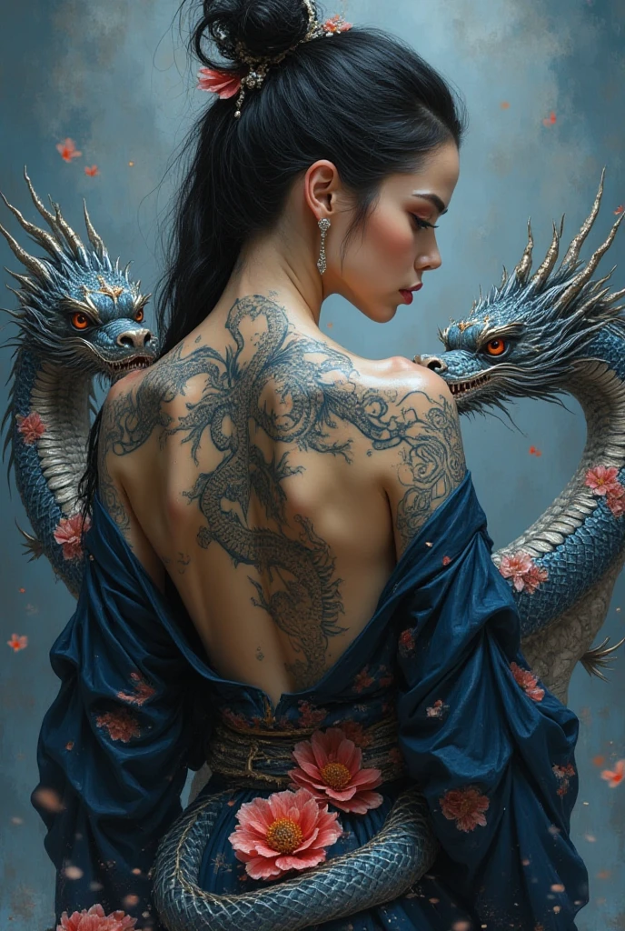 The beautiful back line of a Japanese geisha,Dragon tattoo on back,in style of Barbara Takenaga , Rich details,(Super macro),, ink art,