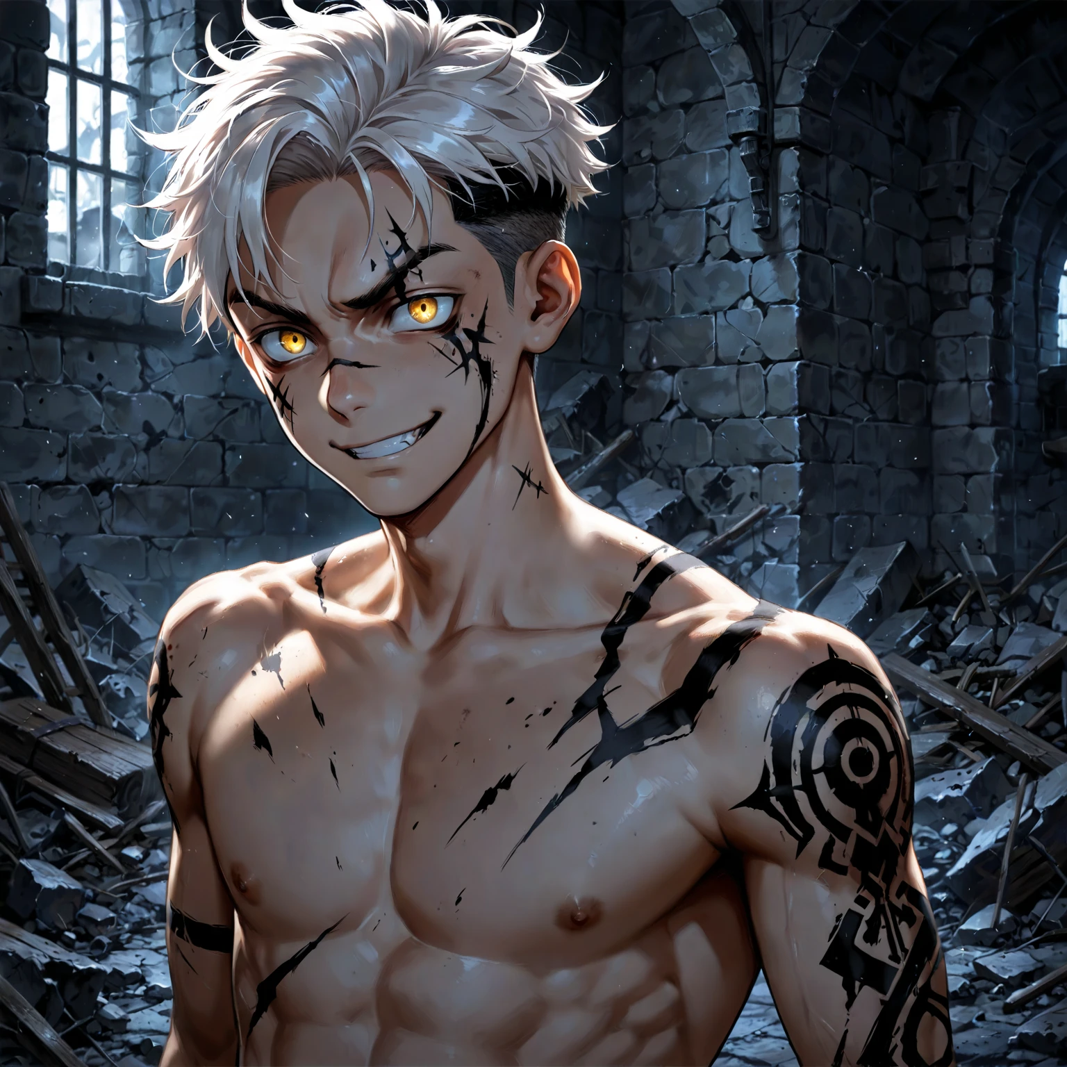 Adult guy, skinny, ebony skin, slave chains, ripped clothes, open torso, muscles, hood, white hair, orange eyes, demon smile, monster jaws, Masterpiece, best quality, Full HD, 8k, ultra details, great graphic