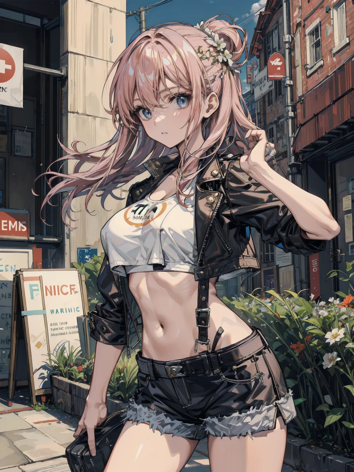 masterpiece, best quality, 1girl, solo, braid, smile, camisole, jeans, outdoors, city, <lora:ora-6:1>, upper_body,