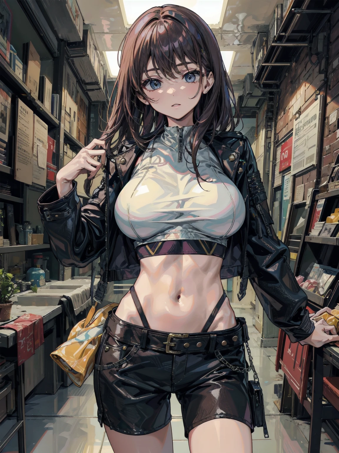 absurdres, RAW photo, extremely delicate and beautiful, masterpiece, Best Quality, ultra high resolution, 32k, hyperrealistic, ultra-detailed, perfect anatomy, anatomically correct, perfect figure, Perfect Style, Perfect balance, super Detailed skin, in her 30s, very Slim body, narrow waist, very small head, very small face, delicate facial features, handsome detailed woman, very detailed eyes and face, realistic face proportions, Realistic beautiful face, Realistic beautiful eyes, tearful mole, earring, big tits, whole body shot, medium hair, indoor, long jacket, long katana, school_uniform, samurai,