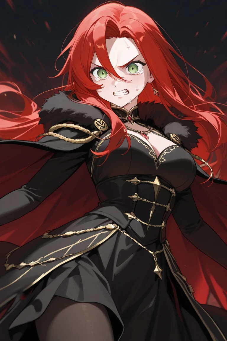 (((masterpiece))), (((bestquality))), ((ultra-detailed)), (illustration), ((anextremelydelicateandbeautiful)), dynamic angle, floating, (beautifuldetailedeyes), (detailedlight), (1girl), solo, maoyu, horns, choker, fur trim, black cape, long red dress, floating_hair, glowing eyes, red eyes, ruby eyes, red background, looking at viewer, smile