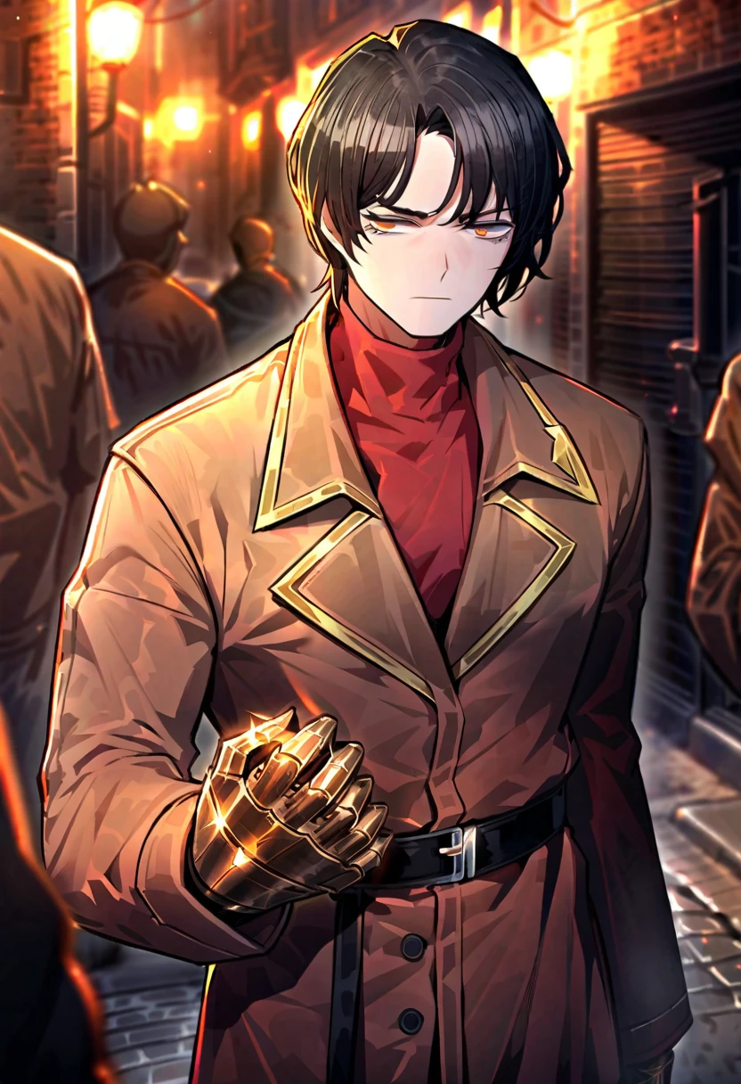 1male, black hair , (project moon\), brown eyes, shirt , red shirt , short hair , angry expression, solo focus , long sleeves, outside, closed mouth , brown coat , backstreets, scaled hand, brown hand,