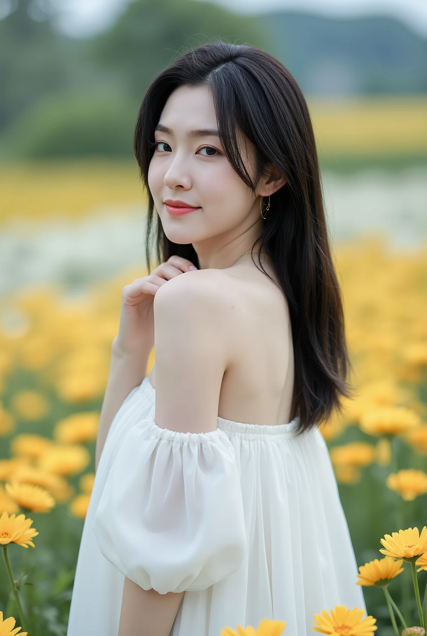 Create a stunning portrait of a beautiful Japanese actress with porcelain skin and tousled, long black hair. She is wearing a flowing pure white dress, standing in a vibrant flower garden with a radiant smile. The scene is illuminated with cinematic lighting, enhancing the ethereal quality of the moment.
