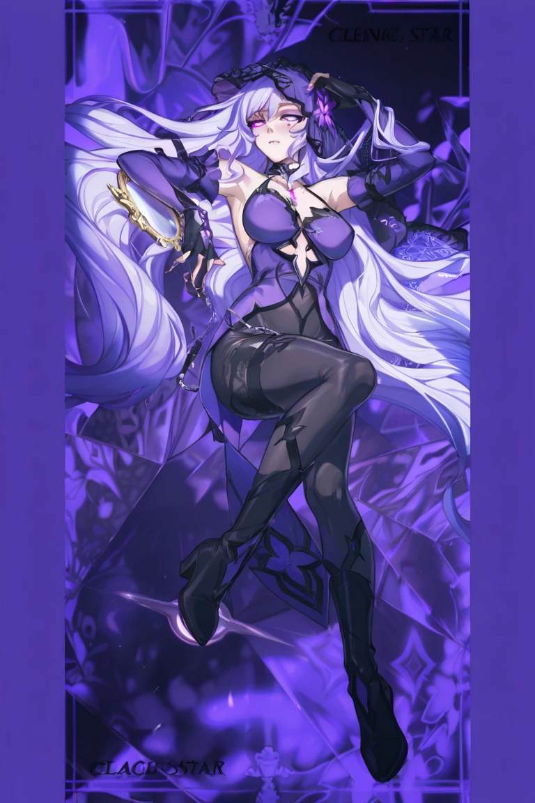 character came from honkai impact 3, crotch tattoo, holy aura, purple lighting from left, cinematic quality, shot from below