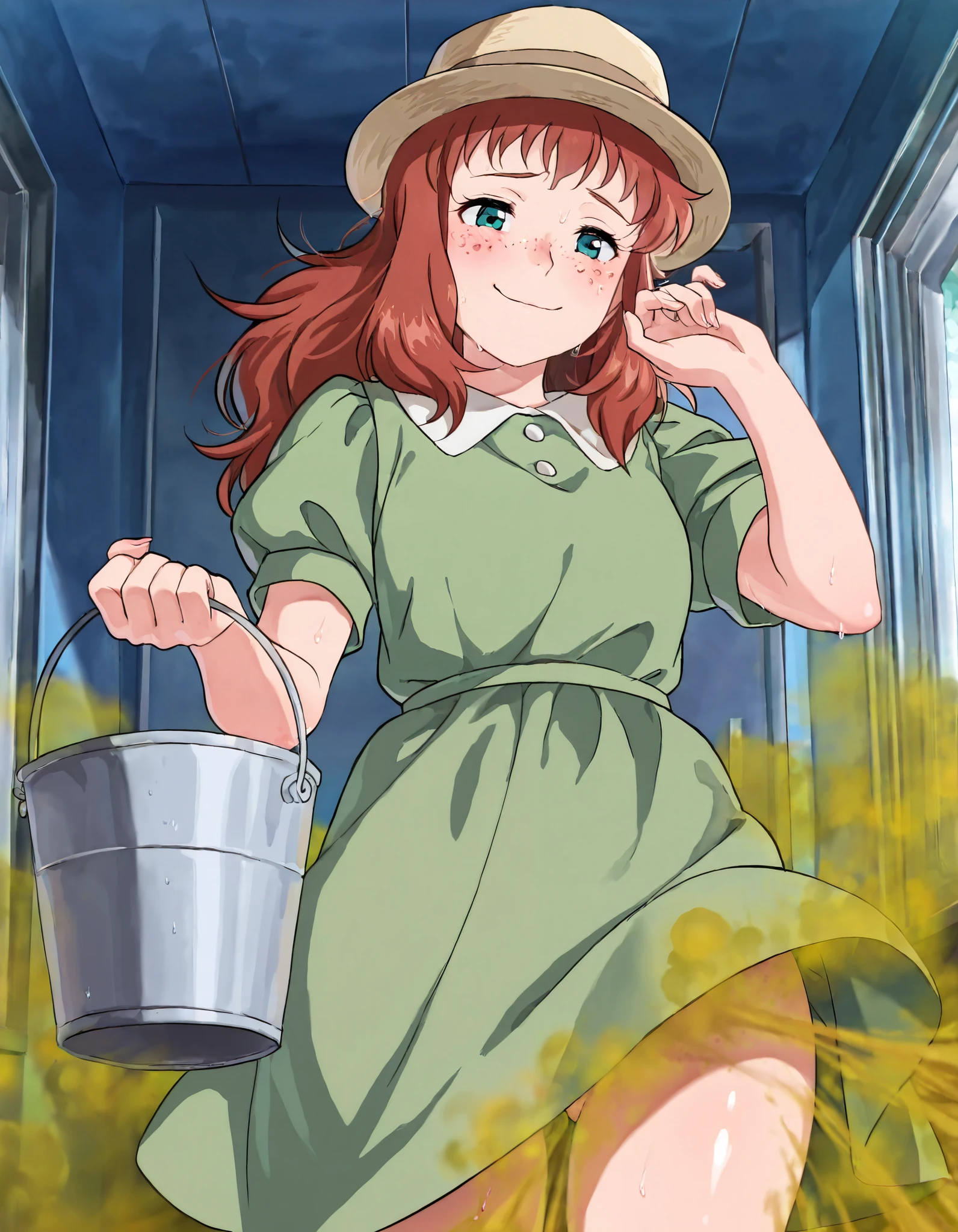 (((Masterpiece))), (((Best Quality))), ((Super Detail)), ultra-High resolution, score_9_up, score_8_up, score_7_up, score_6_up, score_5_up, score_4_up, BREAK, source_anime, anime screencap, Masterpiece, (best shadow), (absurdres), (detailed background), (very aesthetic), shiny, detailed beautiful eyes, outstanding, countershading, detailed soft lighting, an exquisite animation illustration, curvy, cowboy shot, ((1girl)), (((kate, hat, freckles, green dress, short sleeves))), ass visible through thighs, blush, awkward smile, close mouth, embarrassed, proud, sweat, sweat soaked, shiny skin, ((fart, farting, excessive fart)), bucket, holding bucket,