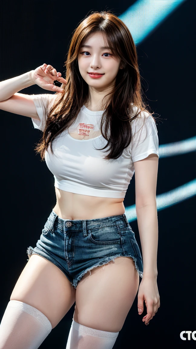 8k, Masterpiece, best quality, realistic, very detailed, 1 teenage girl of half Korean descent, healthy body, realistic skin texture, big breasts, staring at the audience, under, revealing skin., Torn shorts.&#39;Not zipped.,movie light, Face focus, good eyes, detailed face, The face was bright..., during the day, Outdoor coffee shop in the background, Low angle shot, View from below,Beautiful tattoos,small belly cake,upper arm tattoo,Waiting for a thigh tattoo.,chest tattoo