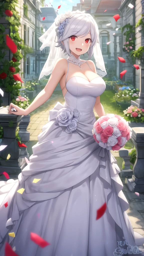 (masterpiece:1.2, highest quality, ultra high resolution, super detailed), (realistic, photorealistic:1.4), beautiful illustrations, (natural side lighting, movie lighting), Depth of the bounds written,
looking at the viewer, bust photo, 1 girl, , perfect face, (perfect anatomy), Cute symmetrical face, baby face, shiny skin,
(blonde), hair between eyes, brown eyes, pink lips, long eyelash, (big breasts:1.3),
beautiful hair, beautiful face, detailed and beautiful eyes, beautiful clavicle, beautiful body, beautiful breasts, beautiful thighs, beautiful feet, beautiful fingers,
fine cloth texture, wedding princess dress, flower head, headdress, (bandeau wedding dress:1.5), (silk dress:1.2), (strapless wedding dress:1.5),
plain white dress, necklace, earrings, cleavage, bouquet, (lace gloves:1.2), (bridal veil:1.2),(Short transparent veil:1.2),
(beautiful scenery), evening, (flower garden, Cherry Blossom, outside the church) Are standing, (Smile, blush),