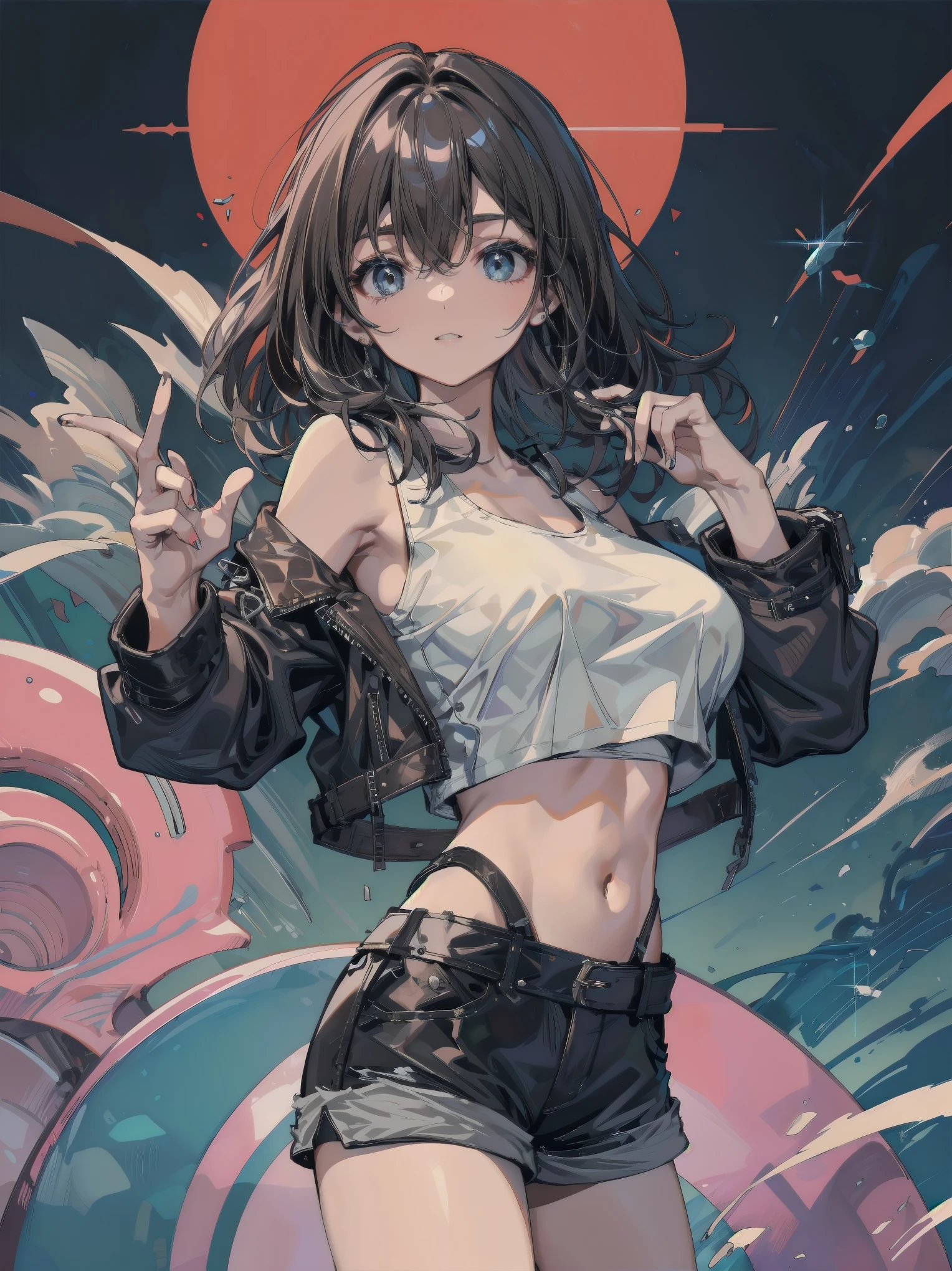(masterpiece:1.5, Highest quality, Very detailed、 Dutch Angle、Realistic、2.5D、Realistic)(One Girl, alone)(Silver Hair:1.6,,Straight Long Hair)(Sports Bra、Jacket:1.5、Shorts、tightedium breasts, Beautiful cleavage,underboob))(from diagonally forward),(Beautiful starry sky、Mystical Night、Particles of light float around the woman、Fantastic space、Ocean)