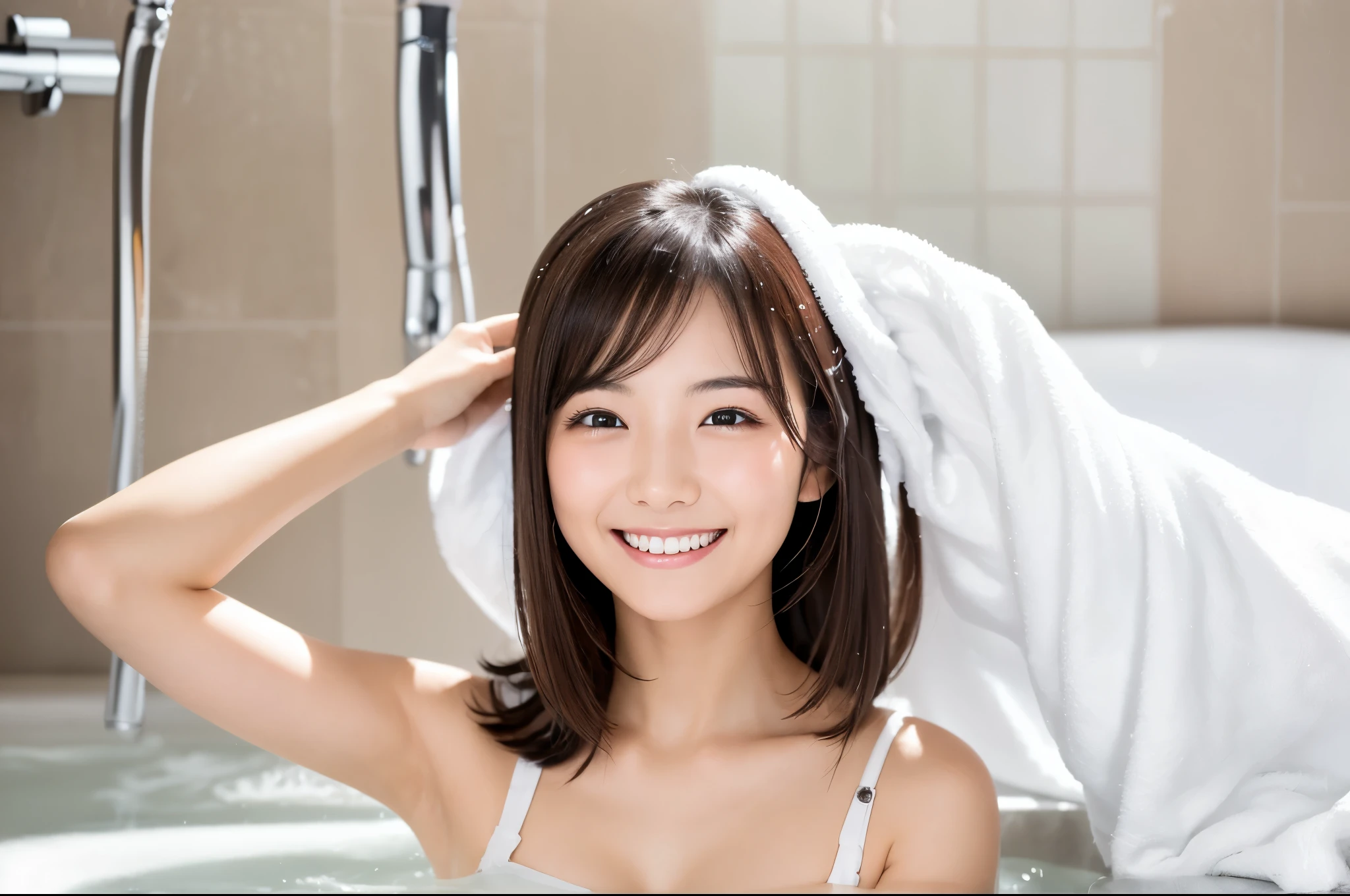 ((of the highest quality, 8K, masutepiece: 1.3)), Beauty, 1 japan girl taking a bath, Big: 1.3, dark brown hair, (Open legs: 1.2), detailed face, very detailed lips, Detailed eyes, Double eyelids, (outer: 1.3), Sweaty skin: 1.2, perfect teeth, smile, (towel: 1.3), wet hair, wet skin