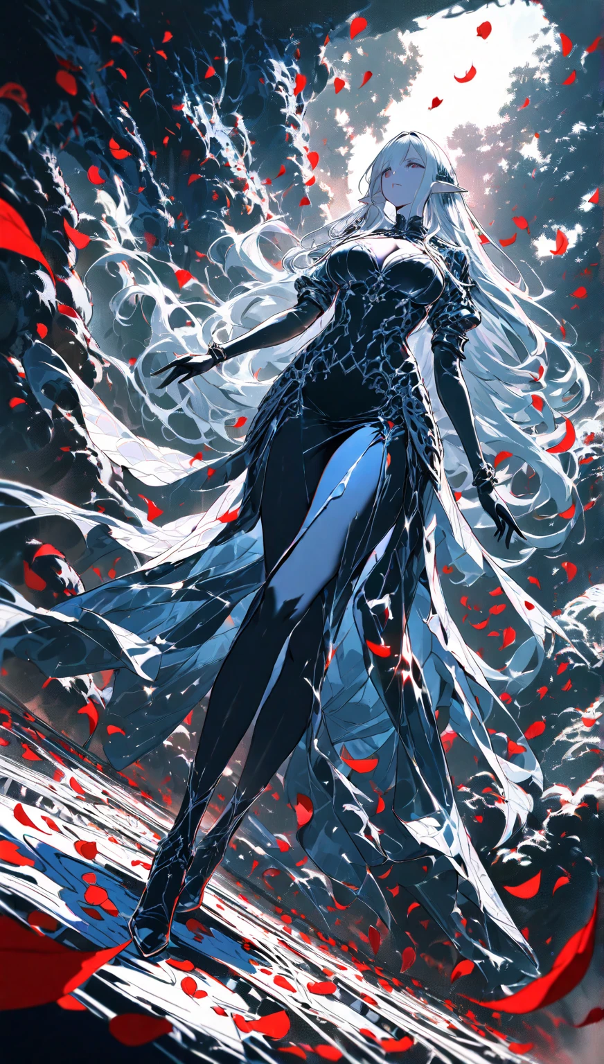 (best quality:1.2, Very detailed, up-to-date, Energetic, Ultra-high resolution, High contrast, masterpiece:1.2, best quality, Best aesthetics), (((1 girl))), Sexy witch, Mature woman&#39;body of, 诱人body of线条, Willow Waist, Witch robe, Witch Hat, An elegant robe with a red and black pattern., Slit Skirt, Dress with exquisite lace, gem, Details, Purple tent, Decorative purple flowers, dark palette, Insufficient lighting, Witch made potion, Magic circles and tapestries hanging on the wall,