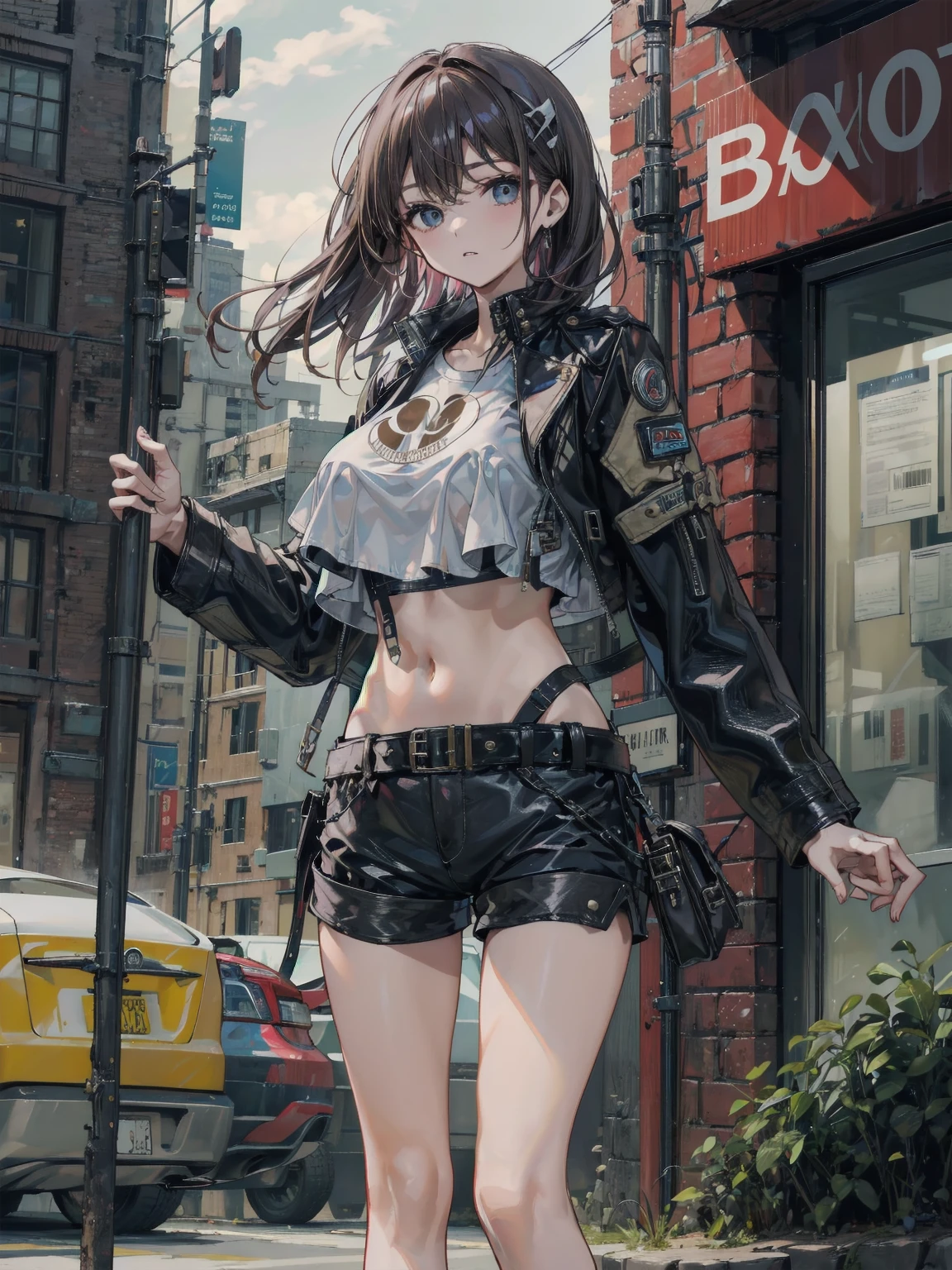 crop top, hoodie, mini skirt, absurdres, RAW photo, extremely delicate and beautiful, masterpiece, Best Quality, ultra high resolution, 32k, hyperrealistic, ultra-detailed, detailed description, pale skin, 20 years old, tearful mole, earring, short medium hair, wavy hair, full body shot,