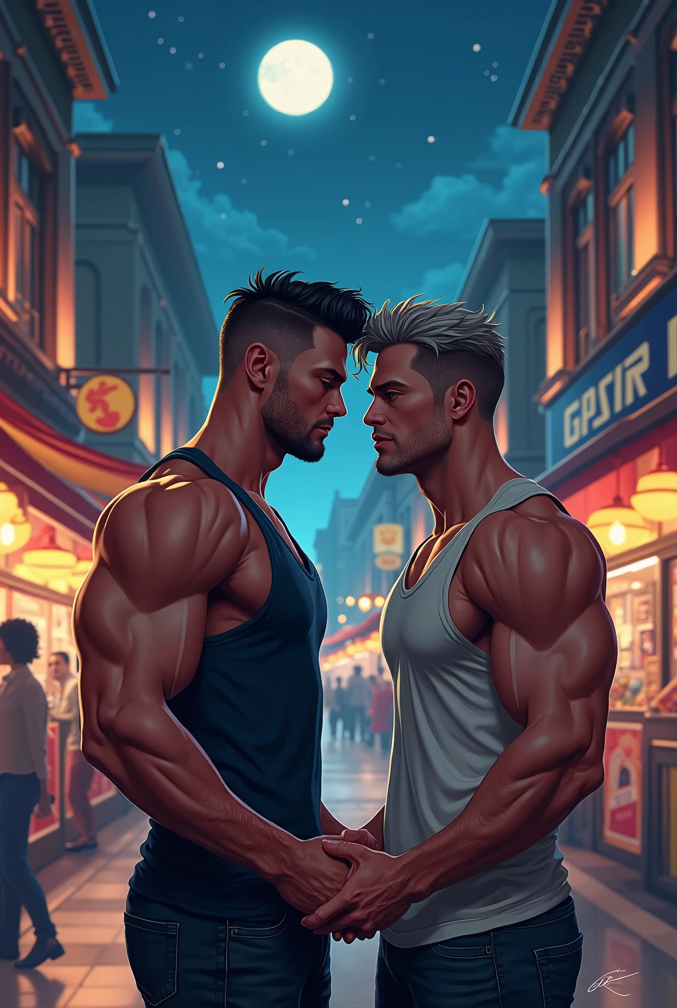 two men kissing, Unclothed, corpos suados, muscles, perfects eyes, greybeard, passionate look, Nus, in the background a city, comic