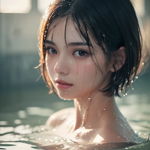 (Masseter muscle part:1.3)、(8K、Photoreal、RAW photo、highest quality: 1.4)、(1 adult female)、beautiful expression、(lifelike face)、sharp brown eyes, supermodel face、(wet black hair、short hair:1.6)、beautiful hairstyle、realistic eyes、beautiful details、（real looking skin）、beautiful skin、（white dress shirt：1.6）、absurd、attractive、超A high resolution、surreal、high detail、golden ratio