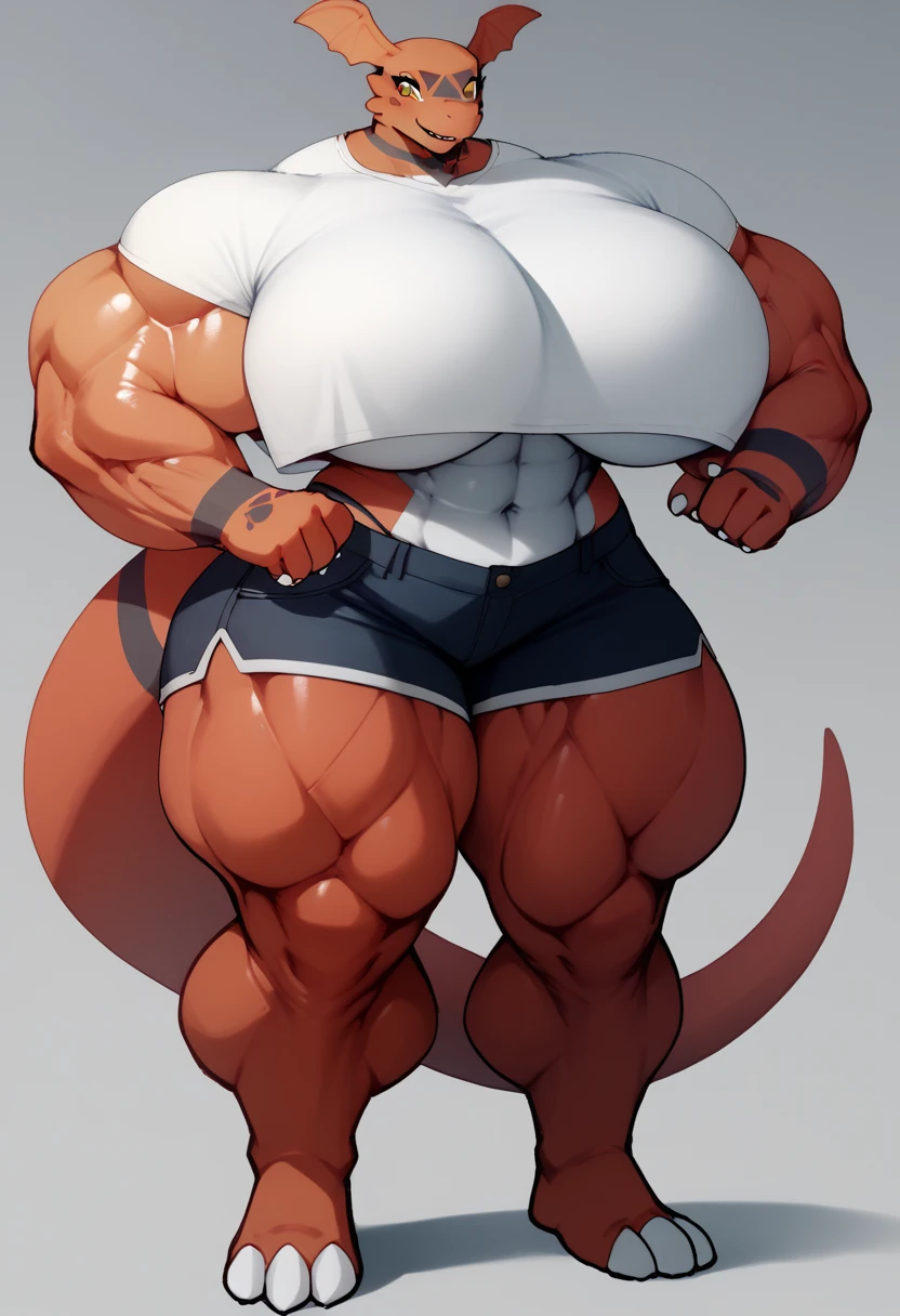 white anthro giant tyrannosaurus with chubby build, giga massive hyper muscles, super broad shoulders, giant lats, huge round heavy pecs, massive arms, thick thighs, big thick tail, giant hyper bulge, with collar, sitting at photoshoot, wearing complex black latex outfit with straps, dynamic pose