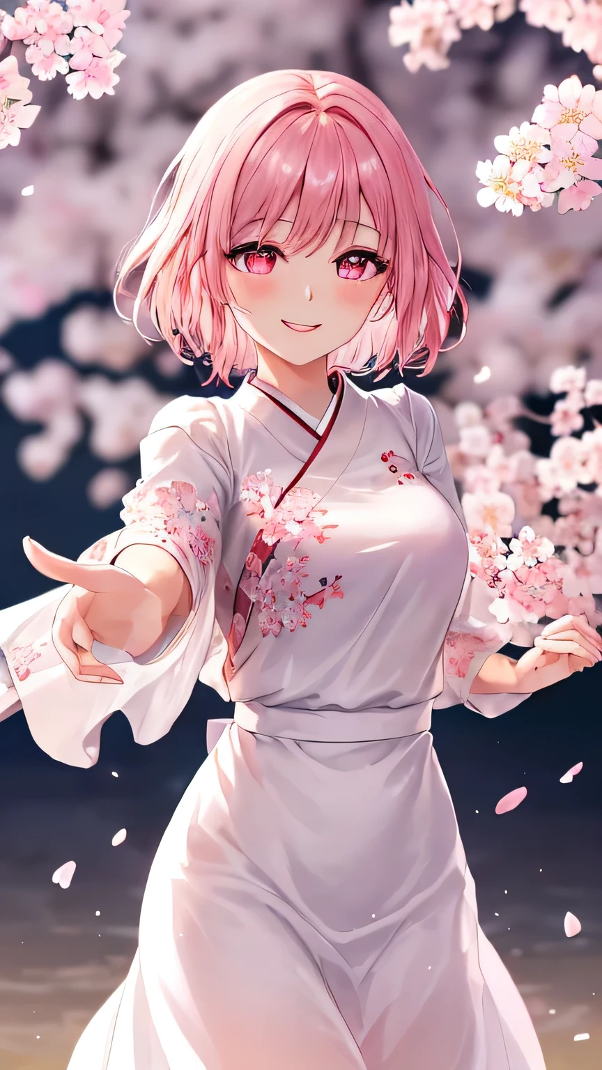 1 dreamlike woman, short pink hair, looking at viewer:1.3, eyes is gazng to viewer:1.2, cherry blossom, furisode, like a soft white chiffon dress, embroidered dress, embroidery inspired by cherry blossoms:1.3, a captivating gentle smile, eyes shimmering with a mysterious sense of happiness, one hand reaching out to touch the petals, The cherry trees are in full bloom, petals dance in the wind creating an enchanting scene, dreamlike glow, ((glowing,pink theme, light,outline, sparkle, gradient, gradient background, shiny, magic, pink theme)), (extremely detailed, high resolution, absurdres,4K)