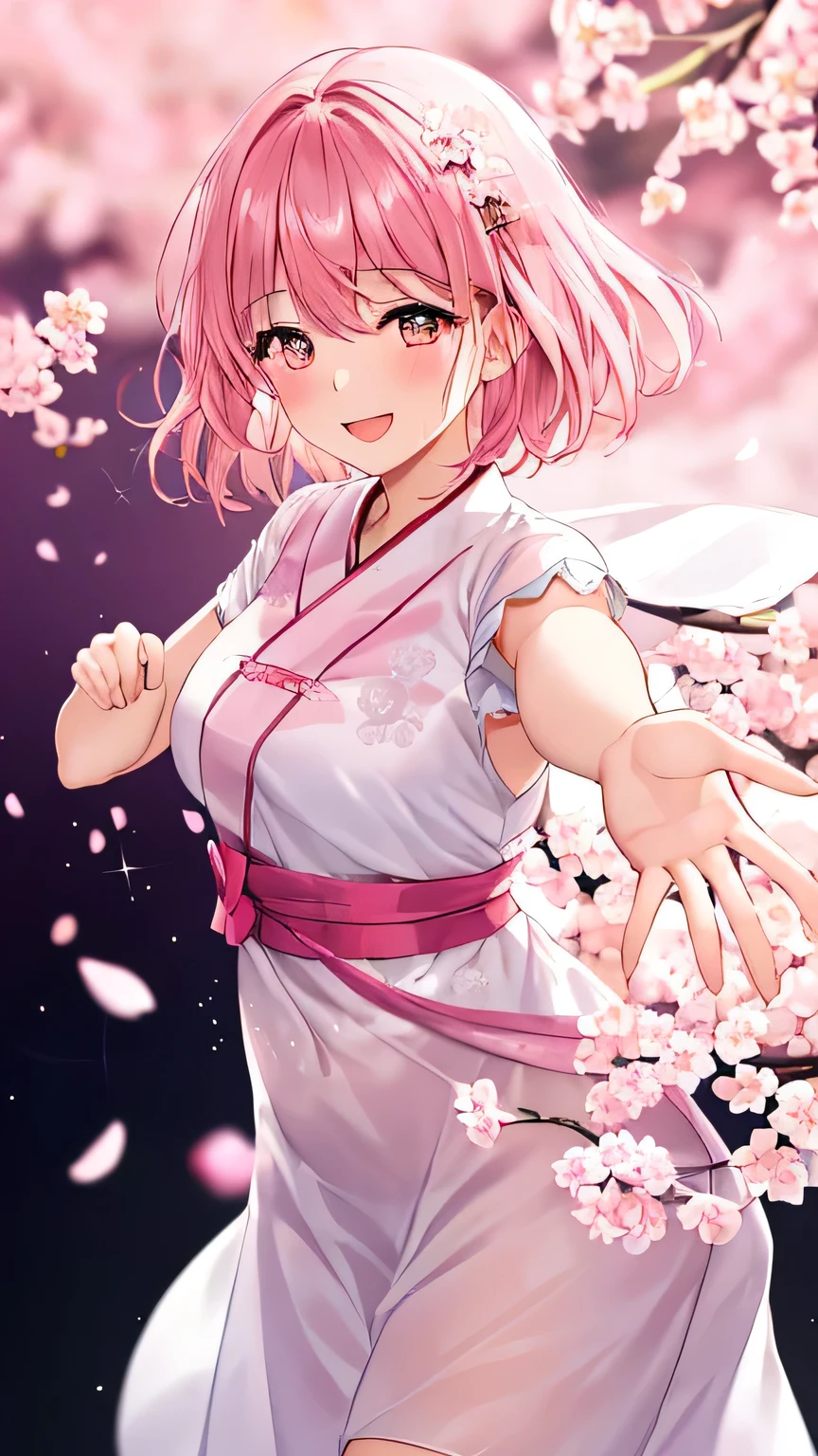 1girl, happy, short pink hair, looking at viewer:1.3, eyes is gazng to viewer:1.2, cherry blossom, furisode, like a soft white chiffon dress, embroidered dress, embroidery inspired by cherry blossoms:1.3, a captivating gentle smile, eyes shimmering with a mysterious sense of happiness, one hand reaching out to touch the petals, The cherry trees are in full bloom, petals dance in the wind creating an enchanting scene, ((glowing,pink theme, light,outline, sparkle, gradient, gradient background, shiny, magic, pink theme)), (extremely detailed, high resolution, absurdres,4K)