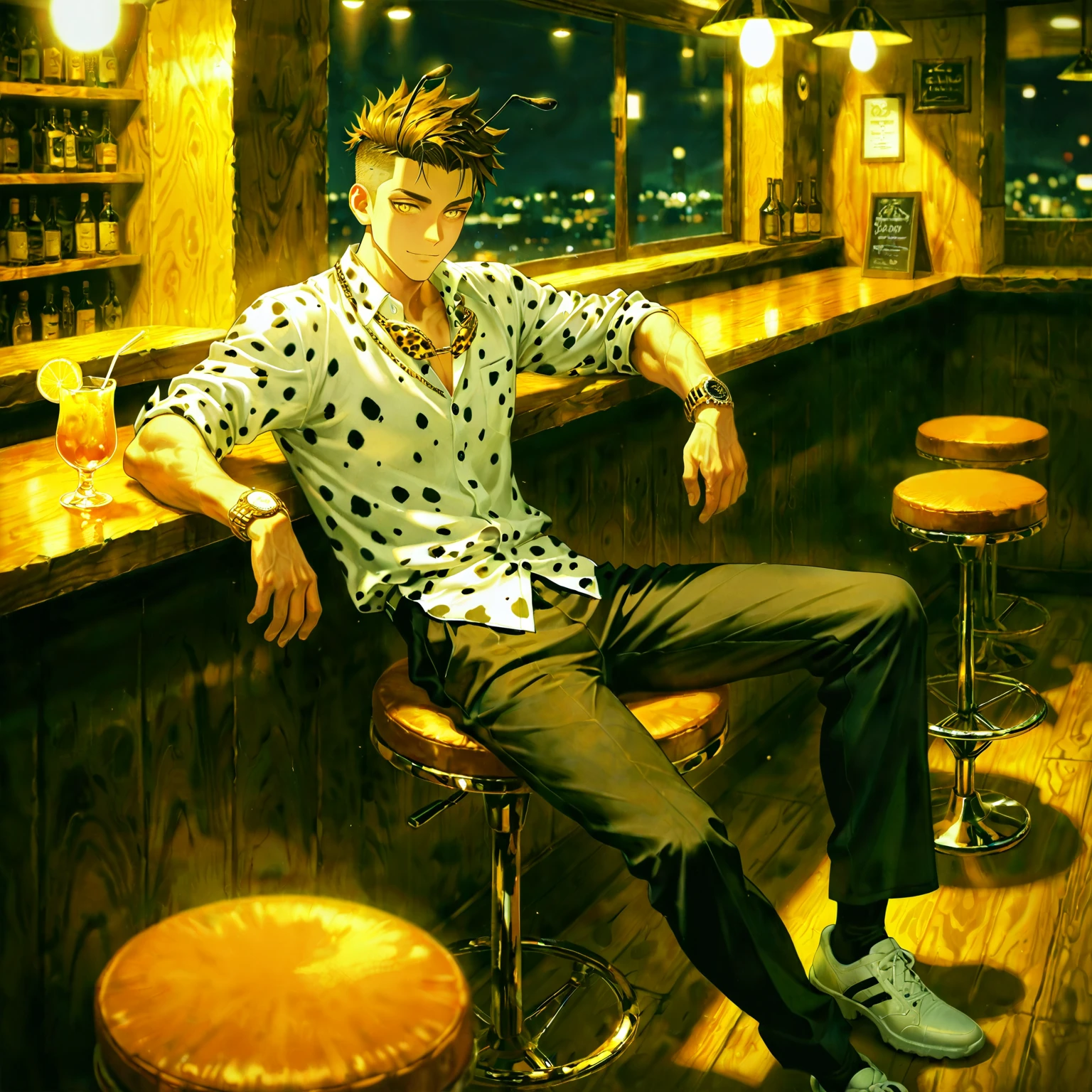 Shinichiro Watanabe style. Illustration of Spike Spiegel from Cowboy Bebop, captured in an ultra HD, vivid colors, depicting him in his signature leather jacket leaning on a bar with a glass of whiskey, cyberpunk cityscape sprawling in the background, neon signs flickering, abstract black oil patterns swirling in the wet street, detailed acrylic textures, gear mecha elements subtly integrated into the urban architecture, perfect composition applying the rule of third