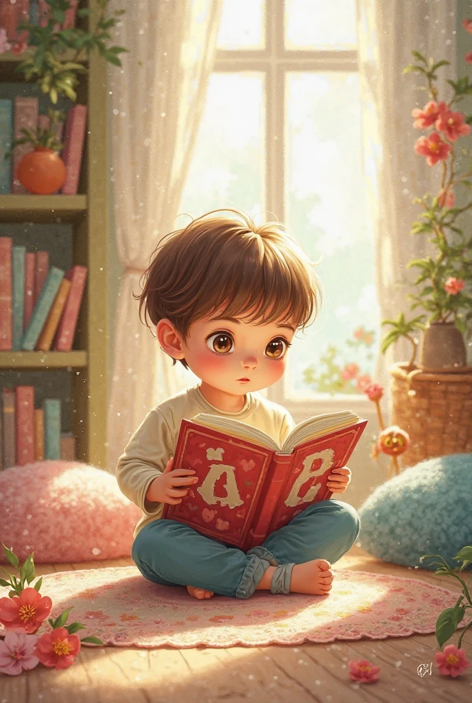 An European toddler is standing behind a big book and she is looking at us, the sky is blue and there is pink flowers on the floor