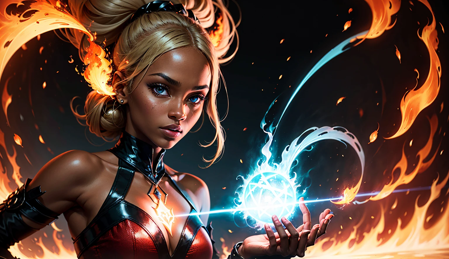 Britney Spears (extremely detailed 8k wallpaper) +, a mid-shot photo of a demonic sorceress conjuring fire in a burning and destroyed village, Intricate, High Detail, dramatic, best quality masterpiece, photorealistic, detailed, 8k, HDR, backlighting, blooming, light glows, chromatic aberration, sharp focus