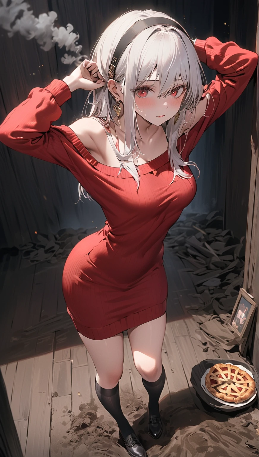 high resolution, highest quality, super high quality, super detail, ultra realistic, photorealistic, anime, illustration, super cute woman, all fours, front-down, unkempt medium white hair, huge breasts, perfect proportion, bedroom, from behind, --auto