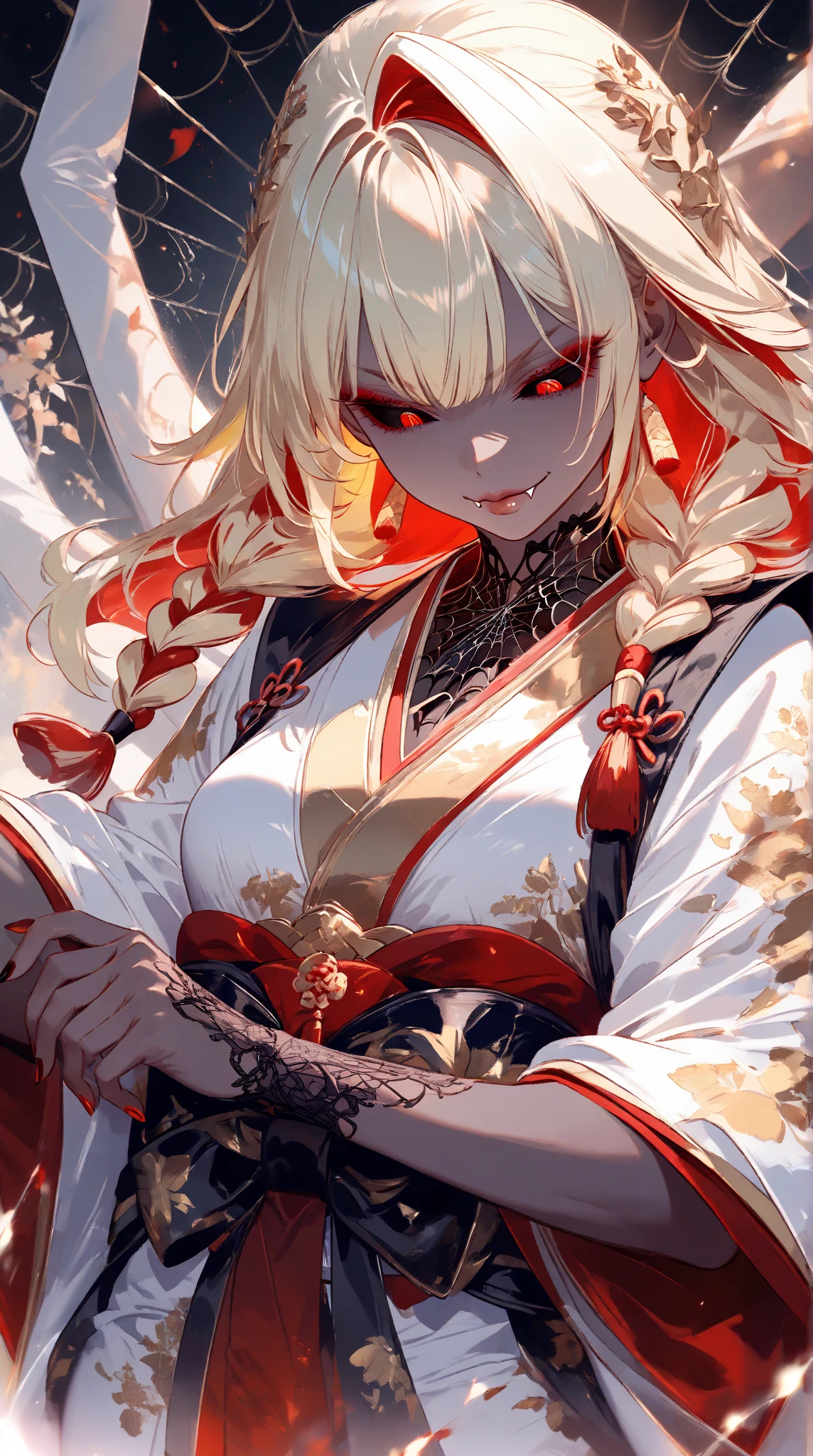 top-quality、Top image quality、masterpiece、girl with((18year old、Black kimono、Best Bust、Bust 85、a blond、poneyTail、Red Eyes、open chest wide、Happiness、Return blood、Holding a Japan sword))hiquality、visualart、Background with((chee))、Black and white world