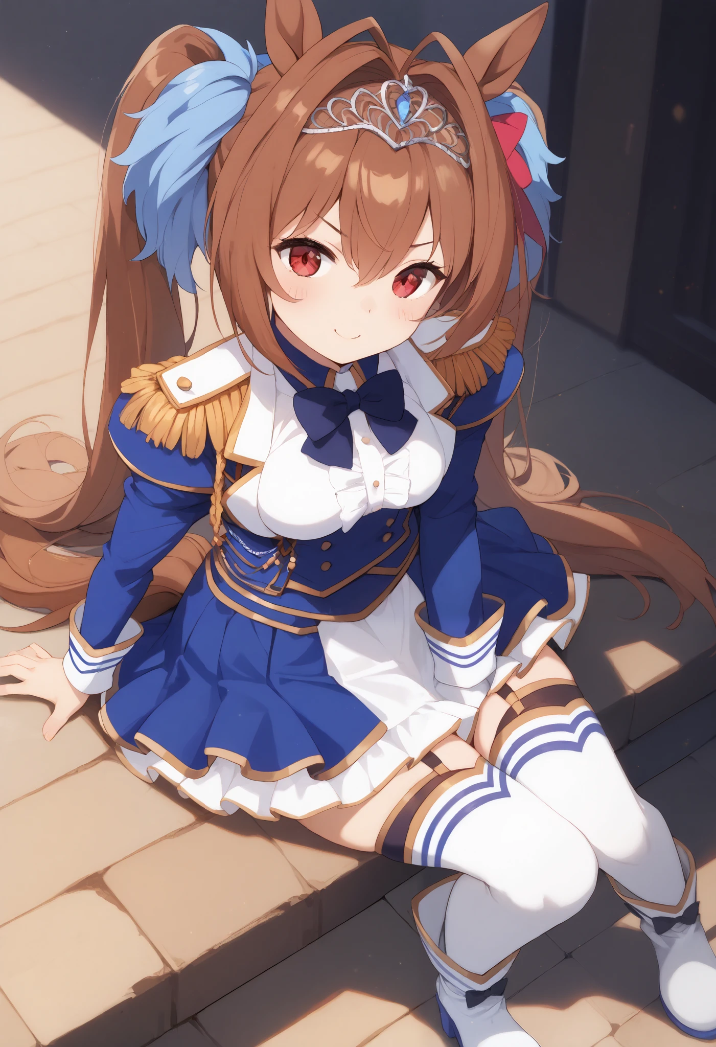 Dasuka,horse tail, horse ears, brown hair, very long hair, bow, hair intakes, red eyes,,Dasuka_Race, twintails, epaulettes, skirt, thighhighs, long sleeves, tiara, boots, garter straps, white footwear,,1 bashful girl, alone, anime style,cute girl,Best Quality, super detailed, anime style,8k, high resolution, detailed images,cute face,((I'm ashamed with a clear face)),and my cheeks are dyed slightly red,((live venue)),((The spotlight shines brightly)),((smooth thighs)),(Up image looking up above the thigh),((Image of the character being viewed from the front)),Character up image from the front,(character up image),high image quality,best quality