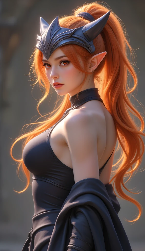 Fox Girl, red fiery hair, pretty, super realistic, Incredibly beautiful, Complex hairstyle, tmasterpiece, gold jewelry in the hair with small details, Face and neck, bright juicy green eyes, stern expression