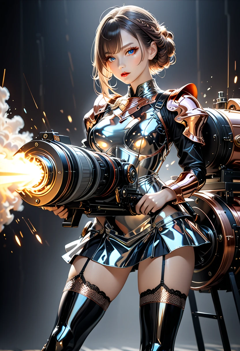 ultra detailed, absolutely resolution, masterpiece, highly detailed, sharp focus, vivid colors, soft lighting, cinematic composition, beautiful woman, platinum color, quirky stand on end hairstyle with uneven hair length, attractive eyes, seductive lips, lewd expression, seduction, make up, lewd great model-like body proportion, wearing (shiny copper plated) armor, ruffled black mini skirt, black garter stockings, firing a Gatling gun, background iridescent calculated using AI technology, extremely delicate depiction, extremely clear image, 2.5D, artistic photography, hyper realistic