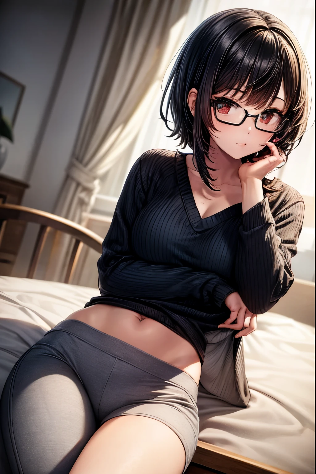 twink, slimmed body male with shy expression, round glasses, shining red eyes, white messy hair with cat ears and tail, white whiskers, pale skin, booty shorts, oversized shirt, sitting down on bed, looking at viewer,