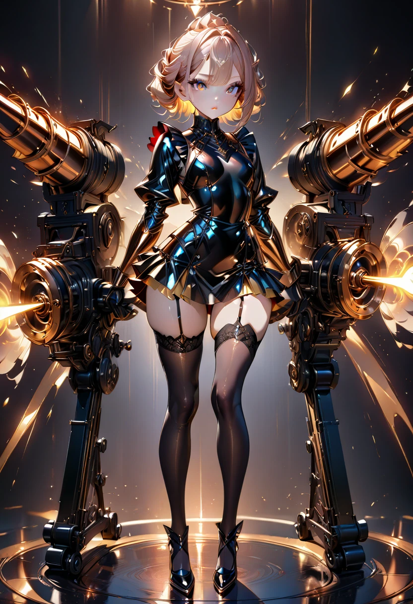 ultra detailed, absolutely resolution, masterpiece, highly detailed, sharp focus, vivid colors, soft lighting, cinematic composition, beautiful woman, platinum color, quirky stand on end hairstyle with uneven hair length, attractive eyes, seductive lips, lewd expression, seduction, make up, lewd great model-like body proportion, wearing (shiny copper plated) armor, ruffled black mini skirt, black garter stockings, firing a Gatling gun, background iridescent calculated using AI technology, extremely delicate depiction, extremely clear image, 2.5D, artistic photography, hyper realistic
