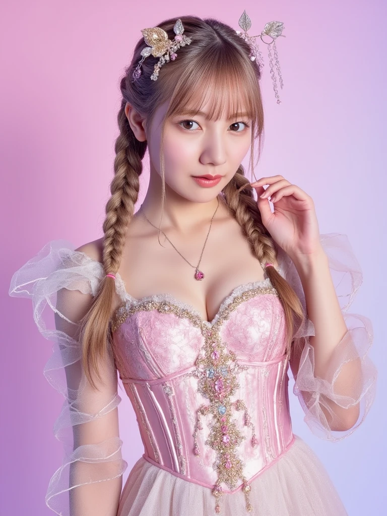 (Tabletop、highest quality、8k、Award-winning works、Ultra-high resolution)、One beautiful princess、(The most gorgeous light pink princess dress:1.2)、(A top-of-the-line princess dress with extremely intricate and intricate details:1.2)、(The most extravagant dress, adorned with a plethora of jewels:1.2)、(The most extravagant and luxurious giant tiara:1.2)、(The most luxurious and luxurious huge necklace:1.2)、(The most extravagant and luxurious giant jewellery:1.2)、(golden and pink hair:1.2)、Bright color contacts、Perfect Makeup、Bright and shiny lipstick、(Very heavy makeup:1.1)、(Pink Eyeshadow:1.1)、Heavy makeup around the eyes、(Upper body photo:1.2)、Very long wavy hair、The best smile you ever had when you saw me、(Voluptuous body:1.1)、(Accentuate your body lines:1.1)、(The most gorgeous princess room background with strong blur:1.1)、(Strongly blurred background:1.1)、Accurate anatomy、Ultra HD Hair、(Ultra-high resolutionの完璧な美しい歯:1.1)、Ultra-high definition beauty face、Ultra HD Hair、Ultra HD Shining Eyes、輝くUltra-high resolutionの美肌、Ultra-high resolutionの艶やかな唇
