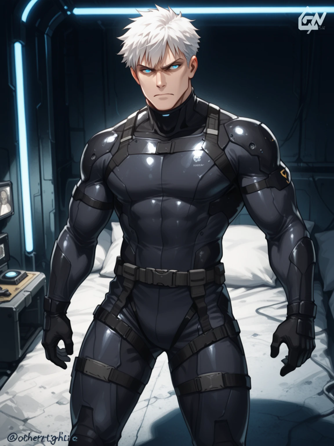 Silver blonde hair, bodysuit, blue eyes, spy