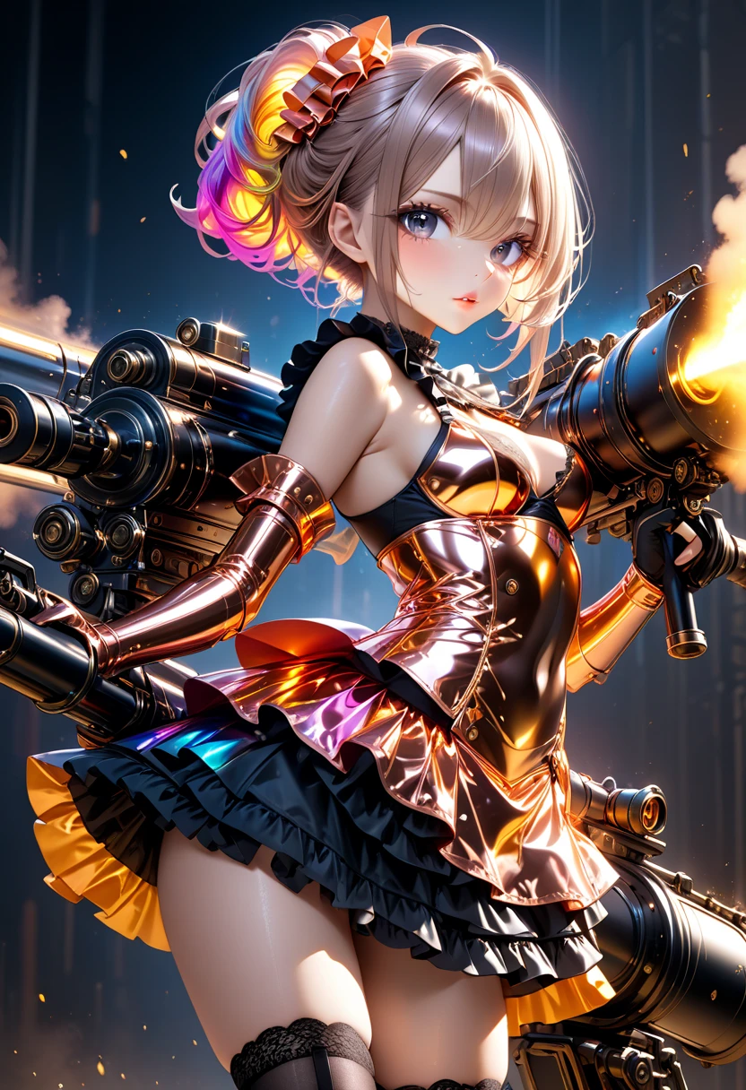 ultra detailed, absolutely resolution, masterpiece, highly detailed, sharp focus, vivid colors, soft lighting, cinematic composition, beautiful woman, platinum color, quirky stand on end hairstyle with uneven hair length, attractive eyes,  lips,  expression, , make up,  great model-like body proportion, wearing (shiny copper plated) armor, ruffled black mini skirt, black garter stockings, firing a Gatling gun, background iridescent calculated using AI technology, extremely delicate depiction, extremely clear image, 2.5D, artistic photography, hyper realistic