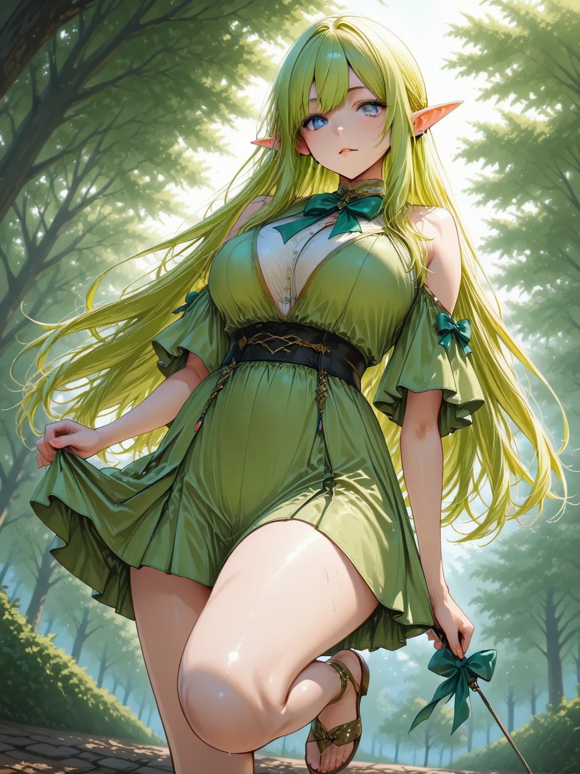 1girl, adult girl, long hair, curly hair, blonde, busty, hourglass body, elf, green dress, shy, lying under a tree, forest background